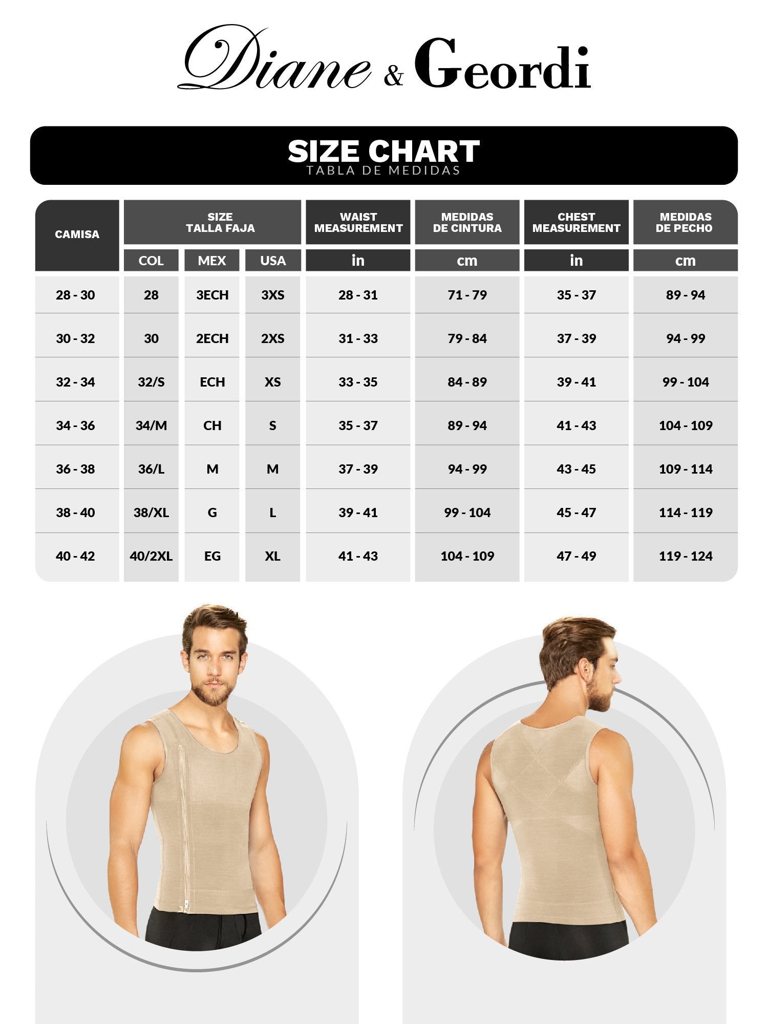size chart | Diane & Geordi | Perfect Under Vest Shirt Body Shaper for Men - fajacolombian