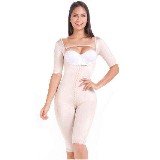 MariaE Fajas FQ104 | Long Post Surgery Bodysuit Full Body Shaper for Women | Tummy Control Butt Lifter Knee Length Shapewear with Sleeves | Powernet - fajacolombian