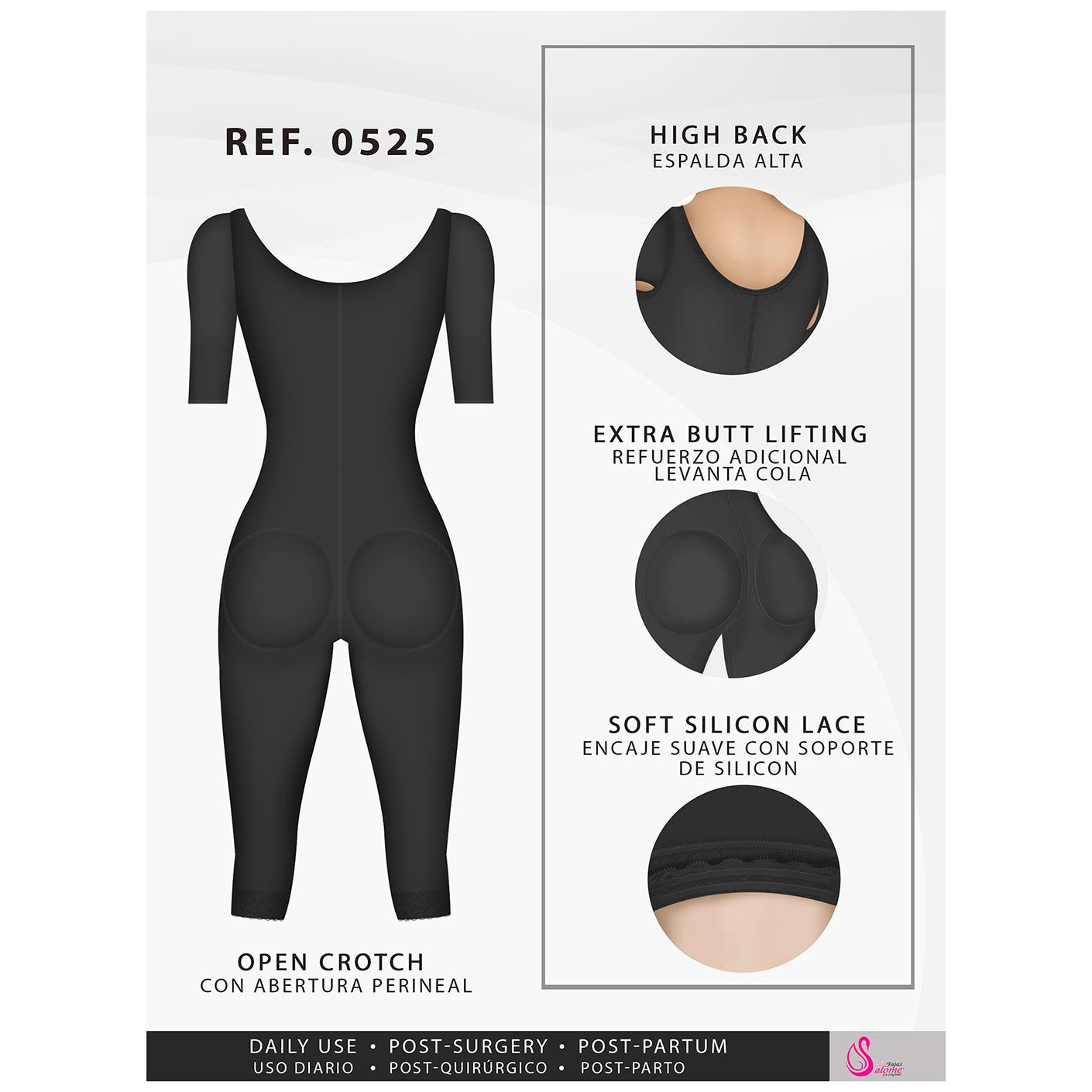 Fajas Salome 0525 | Post Surgery Bodysuit Full Body Shaper for Women | Tummy Control Butt Lifter Knee Length Shapewear with Sleeves | Powernet - Pal Negocio