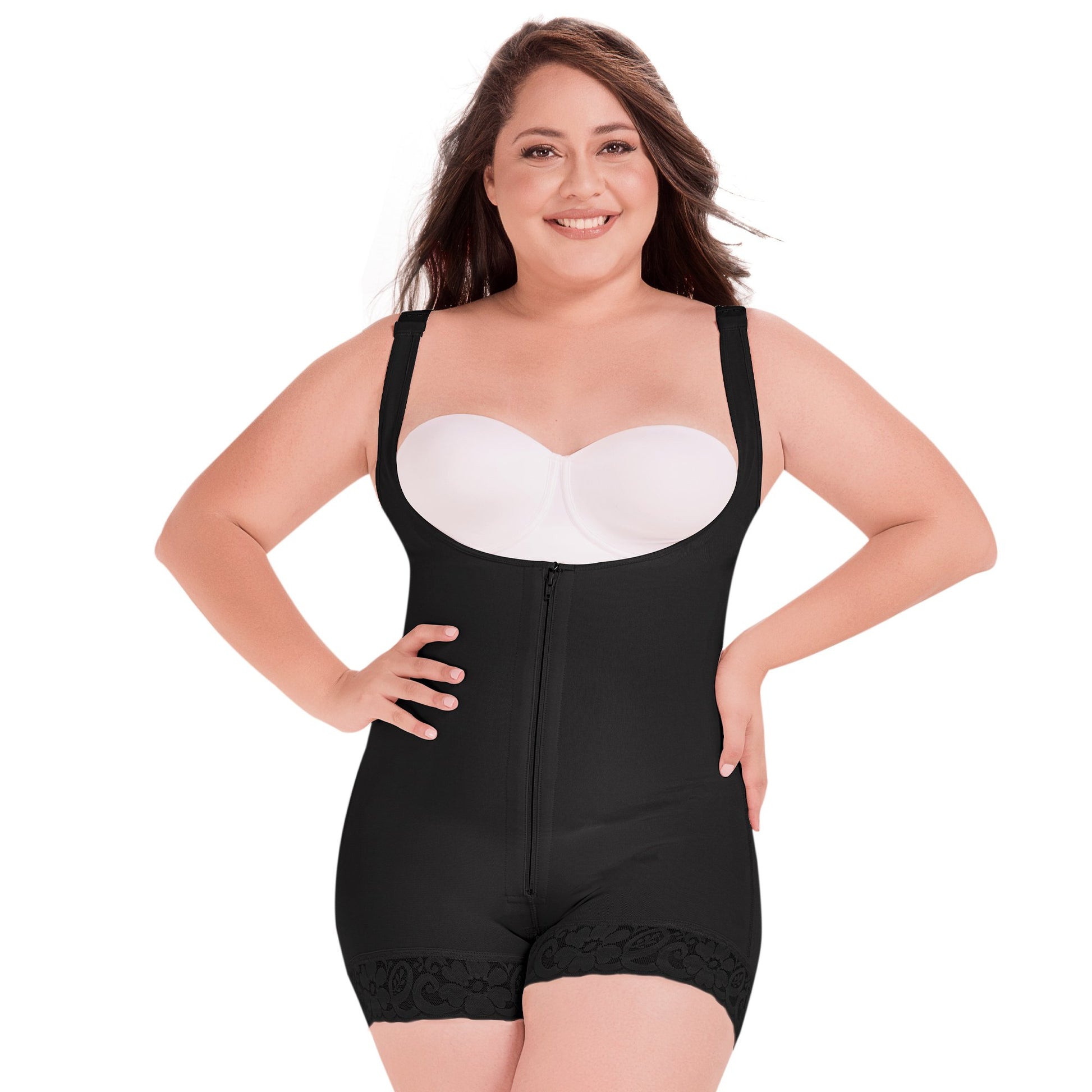 Fajas MariaE 9831 | Mid Thigh Firm Compression Full Body Shaper for Women | Butt Lifter Open Bust Postpartum Bodysuit - fajacolombian