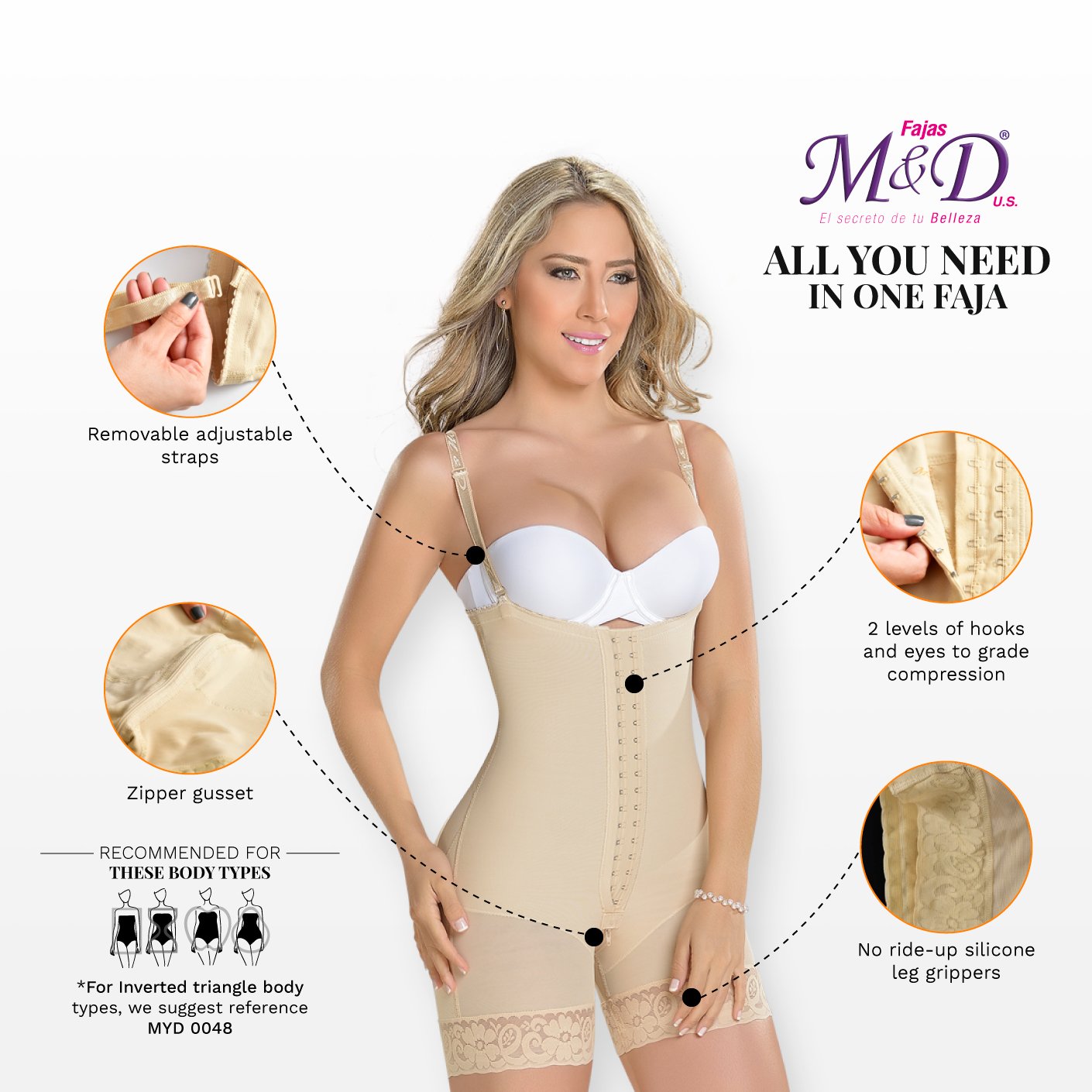 M&D MYD0066 | Strapless Mid Thigh Body Shaper for Women - fajacolombian