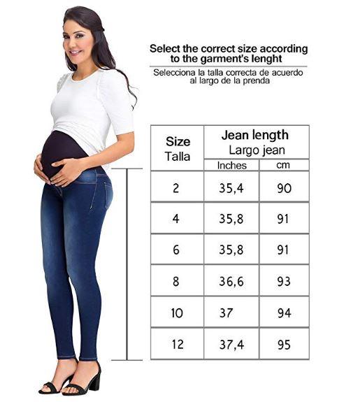 size chart -Maternity Skinny Jeans with Baby Bump Elastic Band 